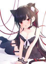 Rule 34 | 1girl, animal ear fluff, animal ears, arm support, bad id, bad pixiv id, black choker, black dress, black hair, black thighhighs, blurry, blush, bow, breasts, cat ears, cat girl, cat tail, choker, cleavage, collarbone, commentary request, depth of field, dress, extra ears, fangs, garter straps, hair ribbon, large breasts, long hair, looking at viewer, mikaze oto, on bed, open mouth, original, ponytail, red bow, red eyes, red ribbon, ribbon, simple background, solo, spaghetti strap, tail, tail bow, tail ornament, thighhighs, very long hair, white background, wrist cuffs