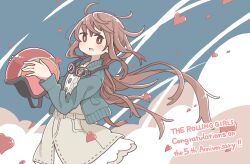 Rule 34 | 1girl, absurdres, anniversary, blue jacket, brown eyes, brown hair, copyright name, dress, east sha2, english text, goggles, goggles around neck, grey dress, heart, helmet, highres, holding, holding helmet, jacket, long hair, long sleeves, looking at viewer, moritomo nozomi, open clothes, open jacket, open mouth, solo, the rolling girls, unworn headwear, unworn helmet