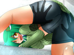 Rule 34 | 1girl, :d, ass, barefoot, bent over, bike shorts, breasts, derivative work, fang, female focus, frog, green hair, green shirt, hand on own ass, honehone, invisible man, kochiya sanae, large breasts, legs, looking at viewer, open mouth, ribbed sweater, shirt, smile, solo, sweater, touhou, yellow eyes
