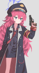 Rule 34 | 1girl, armband, bare legs, black coat, blue archive, closed mouth, coat, collarbone, collared shirt, crossed bangs, expressionless, feet out of frame, grey background, grey eyes, gun, halo, hand in pocket, hand up, handgun, hat, highres, holding, holding gun, holding weapon, iroha (blue archive), jitome, light blush, long hair, long sleeves, lurenjia, messy hair, military, military uniform, necktie, open clothes, open coat, peaked cap, pencil skirt, popped collar, red armband, red hair, red necktie, safety pin, shirt, sidelocks, simple background, skirt, slit pupils, solo, uniform, untucked shirt, walther, walther ppk, wavy hair, weapon