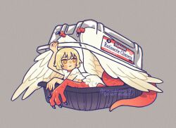 Rule 34 | 1girl, blonde hair, box, brown eyes, chimera, chunafishy, claws, dungeon meshi, english text, extra arms, falin touden, falin touden (chimera), feathered wings, grey background, medium hair, mini person, monster girl, opening, spoilers, tail, twitter username, wings