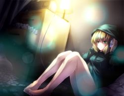 Rule 34 | 1girl, against wall, alternate costume, bad feet, bare legs, barefoot, blonde hair, bottomless, contemporary, feet, female focus, green eyes, hand on own ear, hand on headphones, hand on own ear, headphones, hood, hoodie, legs, light smile, mizuhashi parsee, parka, ryosios, short hair, sitting, solo, touhou