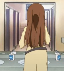Rule 34 | 1girl, animated, animated gif, ass shake, bathroom, brown hair, dancing, k-on!, long hair, mirror, yamanaka sawako