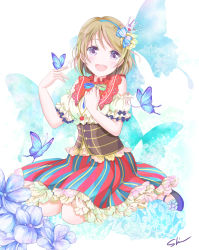 Rule 34 | 1girl, blush, brown hair, bug, butterfly, butterfly on hand, hairband, highres, insect, koizumi hanayo, looking at viewer, love live!, love live! school idol festival, love live! school idol project, no socks, open mouth, purple eyes, shino (shinderera), short hair, sitting, skirt, smile, solo, striped clothes, striped skirt, vertical-striped clothes, vertical-striped skirt, wariza