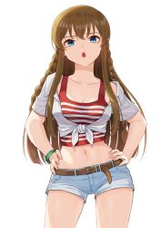 Rule 34 | 1girl, belt, blue eyes, braid, breasts, brown belt, brown hair, cowboy shot, front-tie top, hands on own hips, highres, idolmaster, idolmaster million live!, idolmaster million live! theater days, kamille (vcx68), kousaka umi, long hair, looking at viewer, medium breasts, midriff, navel, open mouth, shirt, short shorts, short sleeves, shorts, simple background, solo, standing, striped clothes, striped shirt, white background