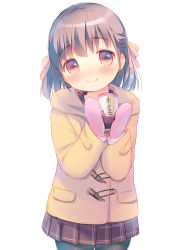 Rule 34 | 1girl, blush, bow, brown eyes, brown hair, can, canned coffee, coat, drink can, hair bow, hair ribbon, half updo, holding, looking at viewer, mittens, original, pleated skirt, ribbon, short hair, skirt, smile, solo, translated, usashiro mani, winter clothes, winter coat