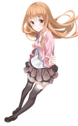 Rule 34 | 10s, 1girl, bad id, bad pixiv id, black thighhighs, blush, brown eyes, cardigan, doma umaru, himouto! umaru-chan, loafers, long hair, looking at viewer, shoes, simple background, skirt, smile, solo, thighhighs, very long hair, yasuno (airy light)