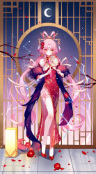 1girl artist_name chest_jewel china_dress chinese_clothes chinese_commentary commentary_request constellation_print crescent_moon dress flower forehead_jewel fu_xuan_(honkai:_star_rail) full_body hair_flower hair_ornament highres honkai:_star_rail honkai_(series) long_hair moon night night_sky pink_dress pink_hair red_flower red_rose rose sheya sky smile tile_floor tiles yellow_eyes