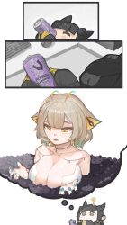 Rule 34 | 1girl, absurdres, animal ears, black border, blunt bangs, border, breasts, brown hair, can, cleavage, commentary, drink can, english commentary, fingernails, green nails, highres, large breasts, paintrfiend, sanagi yuzu, short hair, soda can, yellow eyes