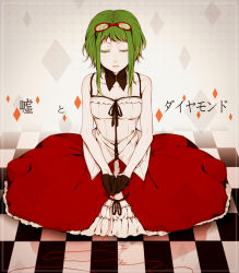 Rule 34 | 1girl, bad id, bad pixiv id, bare shoulders, breasts, cleavage, detached collar, dress, eyelashes, closed eyes, gloves, goggles, goggles on head, green hair, gumi, hiro satochi, lie and diamond (vocaloid), short hair, short hair with long locks, sidelocks, sitting, solo, string, string of fate, translation request, uso to diamond (vocaloid), vocaloid