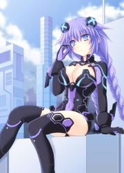 Rule 34 | 10s, 1girl, arm support, black thighhighs, blue eyes, blush, bracer, braid, breasts, building, cleavage, cleavage cutout, clothing cutout, cloud, covered navel, cross (crossryou), day, female focus, frown, gloves, hair ornament, hand up, headgear, hip focus, large breasts, leotard, long hair, looking at viewer, magical girl, neon trim, neptune (neptunia), neptune (series), outdoors, purple hair, purple heart (neptunia), sideboob, silhouette, sitting, sky, skyscraper, solo, symbol-shaped pupils, thighhighs, turtleneck, twin braids, very long hair