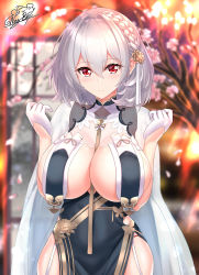Rule 34 | 1girl, absurdres, azur lane, blush, braid, breast curtains, breasts, cherry blossoms, china dress, chinese clothes, closed mouth, dress, garter straps, gloves, grey dress, hair ornament, half gloves, highres, large breasts, looking at viewer, neckwear between breasts, nez-box, official alternate costume, pelvic curtain, red eyes, revealing clothes, see-through, side braid, signature, sirius (azur lane), sirius (azure horizons) (azur lane), solo, white gloves, white hair