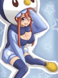 Rule 34 | 1girl, bad id, bad pixiv id, blue eyes, blue thighhighs, borupikka, breasts, cleavage, cosplay, costume, creatures (company), game freak, gen 4 pokemon, gym leader, nintendo, one eye closed, open mouth, piplup, pokemon, pokemon bw, red hair, skyla (pokemon), solo, star (symbol), thighhighs, wink