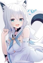 Rule 34 | 1girl, :d, animal ears, blue eyes, blue neckerchief, breasts, cleavage, commentary, detached sleeves, english commentary, fox ears, fox girl, fox tail, highres, hololive, ko~n, looking at viewer, medium breasts, medium hair, neckerchief, nekonosuke, open mouth, shirakami fubuki, shirakami fubuki (1st costume), simple background, smile, solo, tail, upper body, virtual youtuber, white background, white hair, wide sleeves