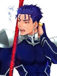 Rule 34 | 1boy, angry, armor, beads, blue hair, cu chulainn (fate), earrings, fangs, fate/stay night, fate (series), gae bolg (fate), hair beads, hair ornament, highres, jewelry, cu chulainn (fate/stay night), licking, long hair, looking to the side, male focus, muscular, open mouth, pauldrons, ponytail, red eyes, shoulder armor, sid smile love, simple background, skin tight, solo, tongue, type-moon, white background