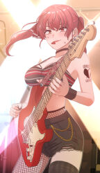 Rule 34 | 1girl, absurdres, alternate costume, arm tattoo, black choker, black shirt, black shorts, black thighhighs, breasts, chain, character name, choker, cleavage, cleavage cutout, clothing cutout, cowboy shot, electric guitar, fender (company), fender stratocaster, fishnet stockings, fishnets, gold chain, guitar, hair between eyes, hair ribbon, heart, heart tattoo, heterochromia, highres, holding, holding instrument, holding plectrum, hololive, houshou marine, instrument, jangmaseason, lipstick, looking at viewer, makeup, medium breasts, pantyhose, plectrum, plectrum in mouth, print ribbon, red eyes, red hair, red lips, red ribbon, ribbon, shirt, shorts, single thighhigh, solo, sweat, tattoo, thighhighs, twintails, virtual youtuber, yellow eyes