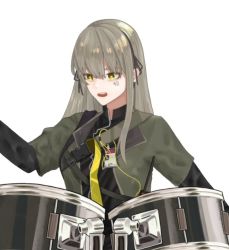 Rule 34 | 1girl, black ribbon, camouflage, camouflage jacket, drum, drum set, dzwk5874, facial tattoo, girls&#039; frontline, grey hair, hair ribbon, instrument, jacket, long hair, looking down, number tattoo, open mouth, ribbon, sitting, solo, tattoo, ump40 (girls&#039; frontline), white background, yellow eyes
