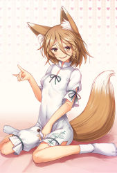 Rule 34 | 1girl, animal ear fluff, animal ears, breasts, brown eyes, brown hair, chima q, commentary request, corked bottle, covered navel, fox ears, fox girl, fox shadow puppet, fox tail, hair between eyes, heart, highres, holding, holding test tube, kudamaki tsukasa, looking at viewer, no shoes, onesie, parted lips, puffy short sleeves, puffy sleeves, short hair, short sleeves, simple background, sitting, small breasts, smile, socks, solo, tail, test tube, textless version, touhou, wariza, white socks