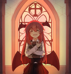 Rule 34 | 1girl, :o, arched window, backlighting, bat wings, black skirt, black vest, black wings, blush, book, closed eyes, collared shirt, column, cowboy shot, cross, dot nose, dress shirt, facing viewer, fang, head tilt, head wings, highres, holding, holding book, hugging book, hugging object, koakuma, open mouth, pillar, pleated skirt, pointy ears, shirt, skin fang, skirt, solo, stained glass, standing, touhou, vest, wall, white shirt, window, wings, yige chizi