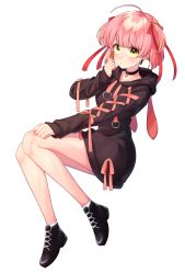 Rule 34 | 1girl, absurdres, ahoge, black choker, black footwear, black hoodie, blush, breasts, choker, closed mouth, collarbone, commentary request, earrings, full body, green eyes, hand up, heart, heart choker, high heels, highres, hood, hood down, hoodie, jewelry, knees up, long sleeves, looking at viewer, original, pink hair, pink ribbon, red ribbon, ribbon, short hair, simple background, small breasts, solo, taemin, twintails, two side up, white background, white legwear