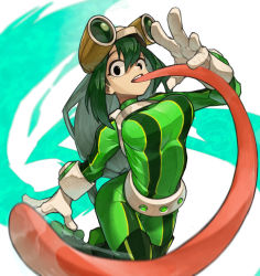 Rule 34 | 1girl, absurdres, aoyuzuaoyuzu, asui tsuyu, belt, bodysuit, boku no hero academia, breasts, covered navel, cowboy shot, dark green hair, frog girl, from above, gloves, goggles, goggles on head, green bodysuit, hair between eyes, hair rings, highres, large breasts, long hair, long sleeves, long tongue, looking at viewer, low-tied long hair, open mouth, pantylines, smile, standing, standing on one leg, tareme, tongue, utility belt, very long hair, very long tongue, waving