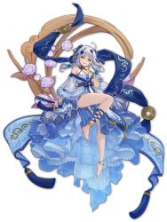 Rule 34 | 1girl, anklet, barefoot, blue dress, blue nails, blue ribbon, dress, feet, flower, flower request, fu ji, game cg, hair ornament, hand fan, highres, holding, holding fan, jewelry, looking at viewer, mahjong soul, nail polish, official art, paper fan, ribbon, shine cheese, simple background, sitting, solo, tassel, tassel hair ornament, transparent background, white hair, yellow eyes, yostar