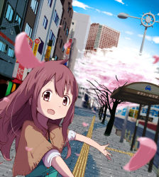 Rule 34 | 1girl, building, capelet, cherry blossoms, cityscape, keshigomukun, long hair, open mouth, original, pink eyes, pink hair, real world location, solo