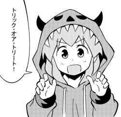 Rule 34 | 1girl, :d, anbe masahiro, blush, claw pose, dot nose, drawstring, fake horns, greyscale, halftone, halloween, halloween costume, hands up, hood, horns, ikamusume, long sleeves, looking at viewer, lowres, monochrome, official art, open mouth, shinryaku! ikamusume, simple background, smile, solo, speech bubble, tareme, translated, trick or treat, upper body, v-shaped eyebrows, white background