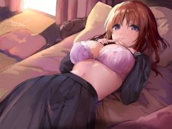 Rule 34 | 1girl, absurdres, bra, breasts, brown hair, cleavage, closed mouth, clothes lift, fingers together, highres, index fingers together, indoors, large breasts, long hair, long skirt, looking at viewer, lying, non-web source, on back, on bed, original, pink bra, pleated skirt, purple eyes, school uniform, serafuku, shiromonefu, shirt lift, skirt, smile, solo, underwear