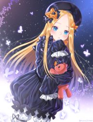 Rule 34 | 1girl, :&lt;, abigail williams (fate), black bow, black dress, black hat, blonde hair, bloomers, blue eyes, blush, bow, bug, butterfly, closed mouth, commentary request, dress, fate/grand order, fate (series), forehead, hair bow, hat, highres, hugging object, insect, long hair, long sleeves, looking at viewer, orange bow, parted bangs, polka dot, polka dot bow, sleeves past wrists, solo, stuffed animal, stuffed toy, teddy bear, twitter username, ubi (ekdus6080), underwear, very long hair, white bloomers