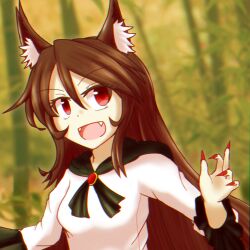 Rule 34 | 1girl, animal ears, bamboo, bamboo forest, blurry, blurry background, brooch, brown hair, fake animal ears, fangs, fingernails, forest, highres, imaizumi kagerou, jewelry, long hair, long sleeves, miitan (kazamiita), nature, open mouth, puffy long sleeves, puffy sleeves, red eyes, red nails, sharp fingernails, smile, solo, touhou, upper body, wolf ears, wolf girl