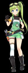 Rule 34 | 1girl, :3, armband, belt, black belt, black footwear, black gloves, black shirt, boots, breasts, chain necklace, closed mouth, crop top, dot nose, full body, gear hair ornament, gloves, goggles, goggles on head, green hair, green overalls, hand on own hip, highres, jeanie (master of eternity), jewelry, long hair, looking at viewer, master of eternity, medium breasts, necklace, official art, pocket, pointing, pointing at self, safety glasses, screwdriver, shirt, side ponytail, single bare leg, single thighhigh, sleeveless, sleeveless shirt, smile, solo, strap slip, tachi-e, thigh strap, thighhighs, third-party source, tool belt, transparent background, white thighhighs, wrench, yellow armband