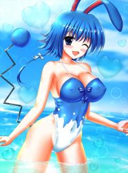 Rule 34 | 10s, 1990s (style), 1girl, animal ears, azumarill, bad id, bad pixiv id, blue eyes, blue hair, breasts, cleavage, covered erect nipples, creatures (company), game freak, gen 2 pokemon, highleg, highleg swimsuit, highres, large breasts, nintendo, one-piece swimsuit, one eye closed, personification, pokemon, pokemon gsc, pokemon xy, rabbit ears, retro artstyle, short hair, soaking feet, solo, swimsuit, tail, wading, water, wink, yukimura chisa