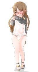 Rule 34 | 1girl, bad id, bad twitter id, black serafuku, blush, breasts, brown eyes, brown hair, clothes lift, crescent, crescent hair ornament, glasses, hair ornament, highres, kantai collection, lifting own clothes, long hair, mochizuki (kancolle), nagatsukiin, nipples, one-piece swimsuit, red-framed eyewear, sandals, school swimsuit, school uniform, see-through, serafuku, shirt lift, small breasts, solo, swimsuit, white school swimsuit, white one-piece swimsuit