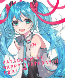 Rule 34 | 1girl, absurdly long hair, anniversary, aqua eyes, aqua hair, artist name, artist request, bare shoulders, blue eyes, blue hair, blue necktie, bow, breasts, collared shirt, dress shirt, female focus, floating hair, grey shirt, hair between eyes, hair bow, hair ornament, hatsune miku, highres, long hair, looking at viewer, medium breasts, miniskirt, necktie, parted lips, pleated skirt, ribbon, ribbon bow, shirt, sideboob, skirt, sleeveless, sleeveless shirt, smile, solo, tattoo, thighhighs, twintails, very long hair, vocaloid, white background, wing collar, zettai ryouiki