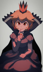 Rule 34 | 1girl, blonde hair, cape, crown, dress, earrings, elbow gloves, female focus, finger to mouth, gloves, high collar, highres, hiyashimeso, jewelry, looking at viewer, mario (series), nintendo, paper mario, paper mario: the thousand year door, princess peach, puffy sleeves, purple cape, purple dress, purple gloves, red eyes, shadow queen, simple background, smile, solo, upper body