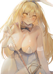 Rule 34 | 1girl, absurdres, animal ears, bare shoulders, blonde hair, blush, bow, bowtie, breasts, chain, cleavage, collar, commentary, covered navel, cowboy shot, crossed bangs, detached collar, elbow gloves, fake animal ears, gloves, hair between eyes, hairband, highres, large breasts, legs together, leotard, long hair, looking at viewer, pantyhose, playboy bunny, rabbit ears, red bow, ryuuji teitoku, shokuhou misaki, sidelocks, simple background, sitting, solo, sparkling eyes, strapless, strapless leotard, sweat, toaru kagaku no railgun, toaru majutsu no index, tongue, tongue out, traditional bowtie, very long hair, white background, white collar, white gloves, white pantyhose, white sleeves