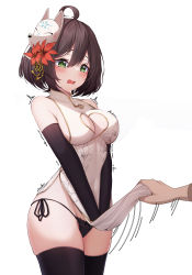 Rule 34 | 1girl, absurdres, ahoge, bare shoulders, black gloves, black panties, black thighhighs, blush, bow, bow panties, breasts, brown hair, cleavage, clothes lift, commission, dress, dress lift, elbow gloves, floral print, flower, fox mask, gloves, hair between eyes, hair flower, hair ornament, highres, large breasts, lifting another&#039;s clothes, mask, open mouth, original, panties, short hair, side-tie panties, simple background, skindentation, sleeveless, sleeveless dress, solo focus, string panties, thighhighs, trembling, underwear, white background, white dress, zangi (lkt2012)
