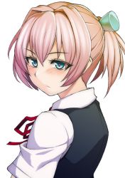 Rule 34 | 10s, 1girl, blue eyes, blush, from behind, from side, hair between eyes, hair ornament, kantai collection, kupala, neck ribbon, pink hair, ponytail, red ribbon, ribbon, school uniform, shiranui (kancolle), short hair, short sleeves, simple background, solo, upper body, white background