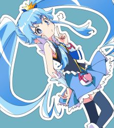 Rule 34 | 1girl, bare shoulders, black shirt, black thighhighs, blue eyes, blue hair, blue skirt, blush, closed mouth, crown, cure princess, dutch angle, finger to mouth, fingernails, hair between eyes, happinesscharge precure!, heart, ixy, long hair, looking at viewer, looking to the side, mini crown, pleated skirt, precure, shirayuki hime, shirt, sidelocks, skirt, sleeveless, sleeveless shirt, solo, thick eyebrows, thighhighs, twintails, very long hair