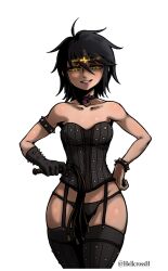 Rule 34 | 1girl, ahoge, archaon the everchosen, armlet, artist name, bare shoulders, black choker, black gloves, black hair, black panties, black thighhighs, bracelet, breasts, choker, collarbone, corset, cowboy shot, cropped legs, female focus, garter straps, gloves, glowing, grin, groin, hair between eyes, half-closed eyes, hand on own hip, happy, hellcross (dkrejd2000), highres, holding, holding whip, jewelry, looking down, panties, shiny skin, short hair, simple background, single glove, small breasts, smile, solo, spiked armlet, spiked bracelet, spiked gloves, spikes, standing, straight-on, teeth, thighhighs, total war: warhammer, transparent background, twitter username, underwear, warhammer fantasy, watermark, yellow eyes