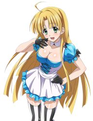 Rule 34 | 10s, 1girl, :d, ahoge, apron, asia argento, black gloves, blonde hair, blue dress, blush, breasts, choker, cleavage, collarbone, dress, gloves, green eyes, hand on own hip, head tilt, high school dxd, long hair, looking at viewer, medium breasts, open mouth, shiny skin, short sleeves, smile, solo, standing, striped clothes, striped thighhighs, thighhighs, transparent background, very long hair, zettai ryouiki