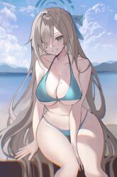 Rule 34 | 1girl, asuna (blue archive), bare arms, bare shoulders, bikini, blue archive, blue bikini, blue eyes, blue sky, cloud, commentary, day, feet out of frame, grey hair, grin, komuer, long hair, looking at viewer, navel, sitting, sky, smile, solo, stomach, swimsuit, thighs, very long hair