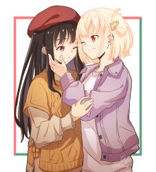 Rule 34 | 2girls, absurdres, aoi hane, beret, black hair, blonde hair, brown shirt, brown sweater, collared jacket, commentary request, cowboy shot, hair ornament, hairclip, hand on another&#039;s face, hand on another&#039;s waist, hat, highres, inoue takina, jacket, long hair, long sleeves, looking at another, lycoris recoil, multiple girls, nishikigi chisato, official alternate costume, one eye closed, one side up, open clothes, open jacket, puffy sleeves, purple eyes, purple jacket, red eyes, red headwear, shirt, short hair, sidelocks, signature, smile, sweater, twitter username, white background, white sweater, yuri