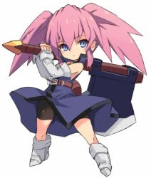 Rule 34 | 1girl, axe, belt, bike shorts, black shorts, boots, breasts, chibi, closed mouth, dress, elbow gloves, full body, gloves, grey footwear, grey gloves, hair between eyes, holding, holding axe, holding weapon, huge weapon, karukan (monjya), knee boots, long hair, looking at viewer, open clothes, open dress, pink hair, presea combatir, purple dress, shorts, shorts under dress, sideboob, simple background, sleeveless, sleeveless dress, small breasts, solo, tales of (series), tales of symphonia, twintails, weapon, white background, wind, wind lift