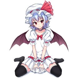 Rule 34 | 1girl, bat wings, between legs, black thighhighs, blush, bow, bowtie, closed mouth, dress, eyebrows, frilled sleeves, frills, full body, hand between legs, hat, hat ribbon, head tilt, junior27016, lace, lace-trimmed legwear, lace trim, legs apart, looking at viewer, mob cap, neck garter, pointy ears, puffy short sleeves, puffy sleeves, red bow, red bowtie, red eyes, red ribbon, remilia scarlet, ribbon, scrunchie, short hair, short sleeves, silver hair, simple background, smile, solo, thighhighs, touhou, white background, white dress, white hat, wings, wrist scrunchie, zettai ryouiki