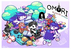 Rule 34 | 2girls, 4boys, 9twoeight, aubrey (headspace) (omori), aubrey (omori), basil (headspace) (omori), basil (omori), bench, black eyes, black hair, black socks, blush stickers, bright pupils, chibi, closed eyes, closed mouth, colored skin, copyright name, expressionless, green hair, handheld game console, hero (headspace) (omori), hero (omori), highres, holding, holding handheld game console, kel (headspace) (omori), kel (omori), long hair, looking at another, mari (headspace) (omori), mari (omori), multiple boys, multiple girls, nintendo switch, noose, omori, omori (omori), one eye closed, pajamas, pinwheel, short hair, sitting, socks, something (omori), spoilers, sprout mole, tree, white pupils, white skin