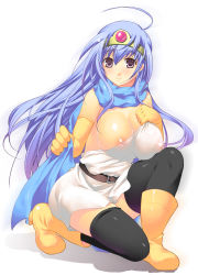 Rule 34 | 1girl, ahoge, bad id, bad pixiv id, belt, black thighhighs, blue hair, boots, breasts, cape, chunsoft, circlet, cleavage, covered erect nipples, dragon quest, dragon quest iii, elbow gloves, enix, gloves, kneeling, large breasts, latex, latex gloves, long hair, nipples, ookami ryousuke, purple eyes, red eyes, sage (dq3), smile, solo, thighhighs, zettai ryouiki