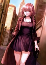 Rule 34 | 1girl, absurdres, bag, bracelet, breasts, coat, collarbone, dress, fate/grand order, fate (series), florence nightingale (fate), hand in pocket, handbag, highres, holding, jewelry, looking at viewer, mashuu (neko no oyashiro), medium breasts, necklace, open clothes, outdoors, parted lips, pink hair, red eyes, scan, short dress, simple background, solo