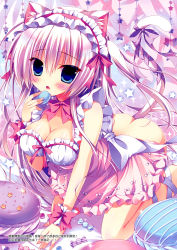 Rule 34 | 1girl, :o, absurdres, all fours, animal ears, ass, blue eyes, blush, bow, bowtie, breasts, cat ears, cat tail, cleavage, downblouse, dress, food, hairband, hasune (hasuneya), highres, holding, large breasts, lolita hairband, looking at viewer, macaron, no panties, original, parted lips, pink bow, pink bowtie, pink hair, ribbon, solo, tail, tail ornament, tail ribbon, white bow